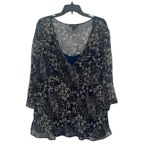 Lauren Ralph Lauren Silk Babydoll Blouse Size 20W Floral Chiffon Navy Cream
